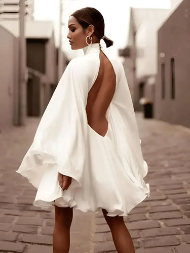 Women's White Mini Backless Dress With Long Ruffled Sleeves 2025 Summer Spring New Elegant Party Mini Dress Woman, Drestiny, Dresses, Mini Dresses, Long Sleeves, White, S, M, L, XL, XXL, United States, USA, Australia, New Zealand, United Kingdom, UK, white backless mini dress, short white open back dress, mini white summer dress backless, white party dress backless short, sexy white mini dress open back, shopdrestiny.com